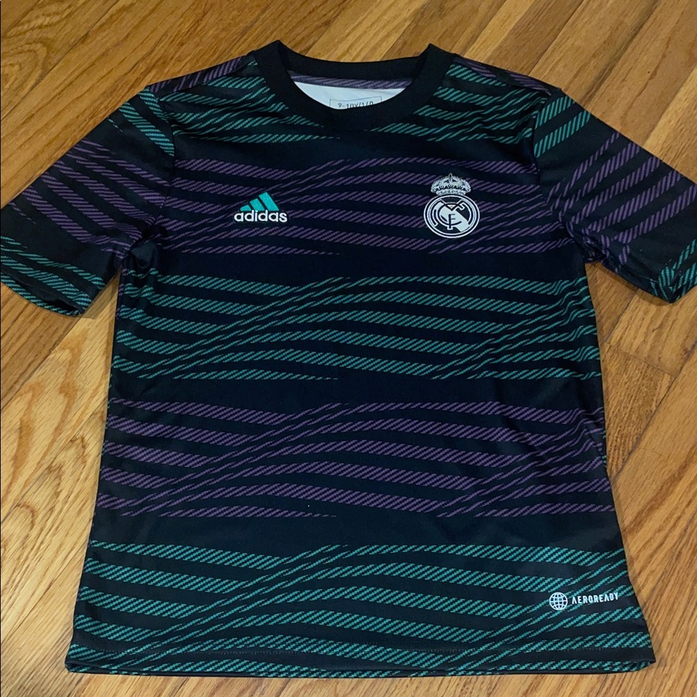 Adidas Kids Black and Teal Real Madrid Patterned Jersey